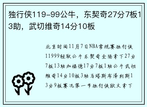 独行侠119-99公牛，东契奇27分7板13助，武切维奇14分10板