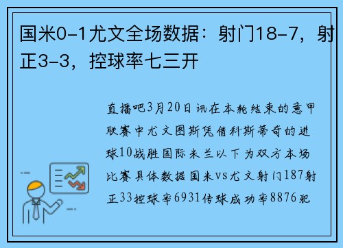 国米0-1尤文全场数据：射门18-7，射正3-3，控球率七三开